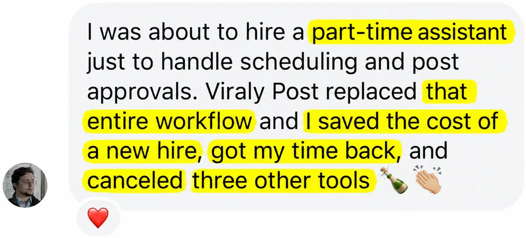 Social media manager testimonial, saving hours per week with Viraly Post