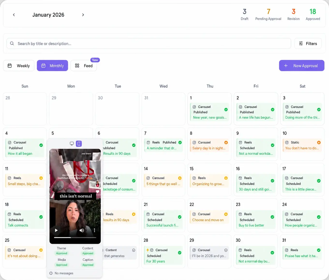 Viraly Post content calendar, monthly view with all posts scheduled and approved
